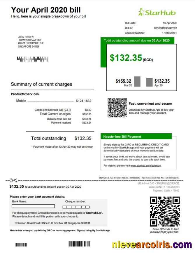 Singapore StarHub utility bill